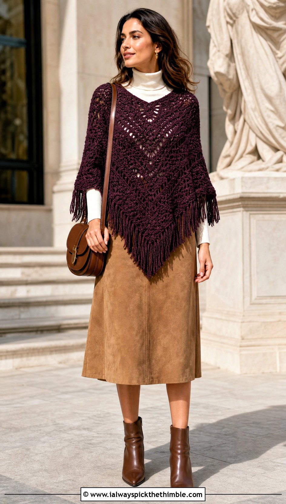 Fringed Crochet Poncho With Sleeves And Suede Midi Skirt - 20 crochet poncho with sleeves outfit ideas