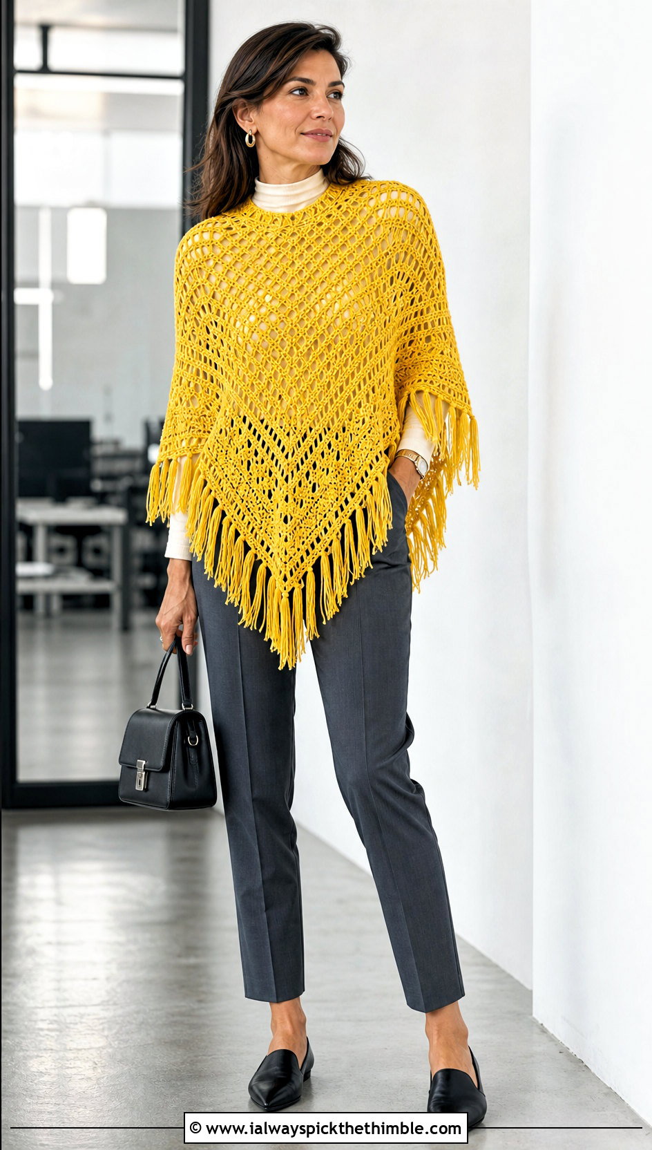 Fringed Crochet Poncho With Tailored Trousers - 15 Vintage Crochet Poncho outfit ideas