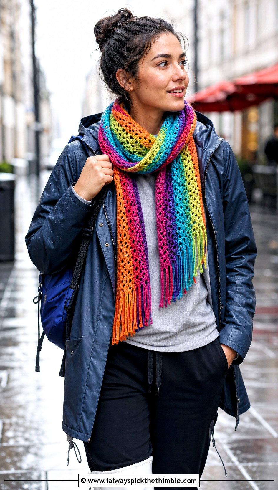 Fringed Crochet Rainbow Scarf With Raincoat And Joggers - 15 Crochet Rainbow Scarf outfit ideas