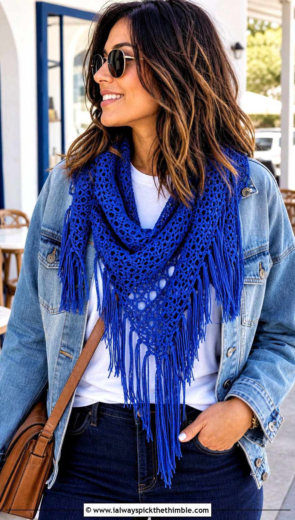 Fringed Crochet Road Trip Scarf With Denim Jacket - 15 Crochet Road Trip Scarf outfit ideas