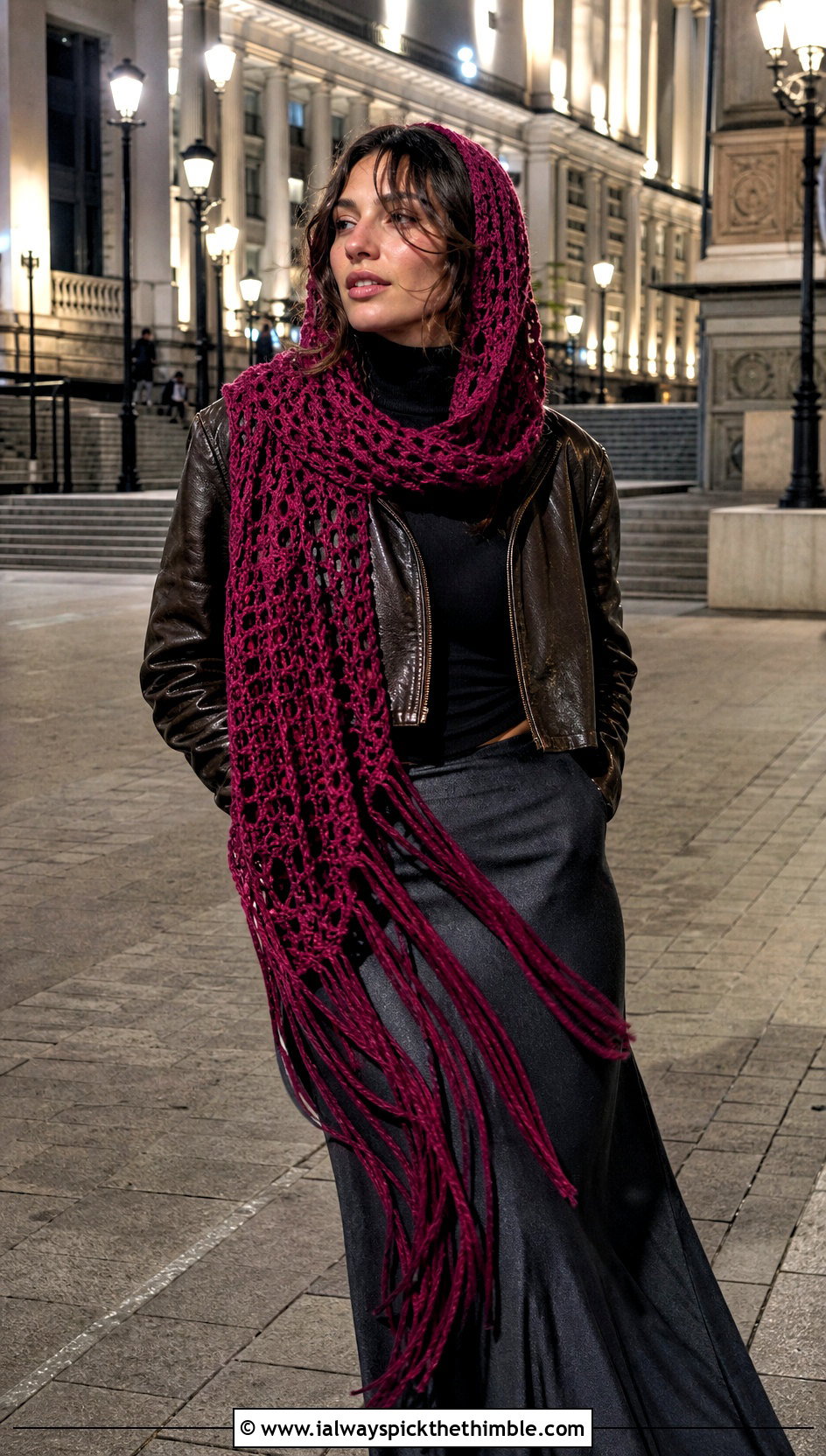 Fringed Crochet Scarf Hood With Leather Jacket And Maxi Skirt - 20 crochet scarf hood outfit ideas