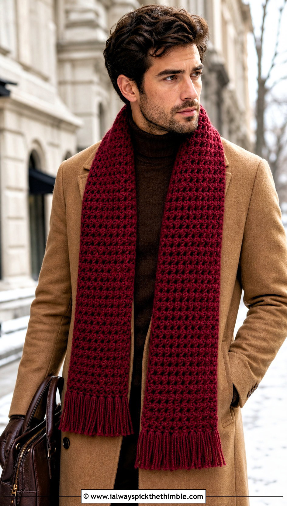 Fringed Crochet Scarf With Camel Coat - 20 Mens Winter Crochet Scarf outfit ideas