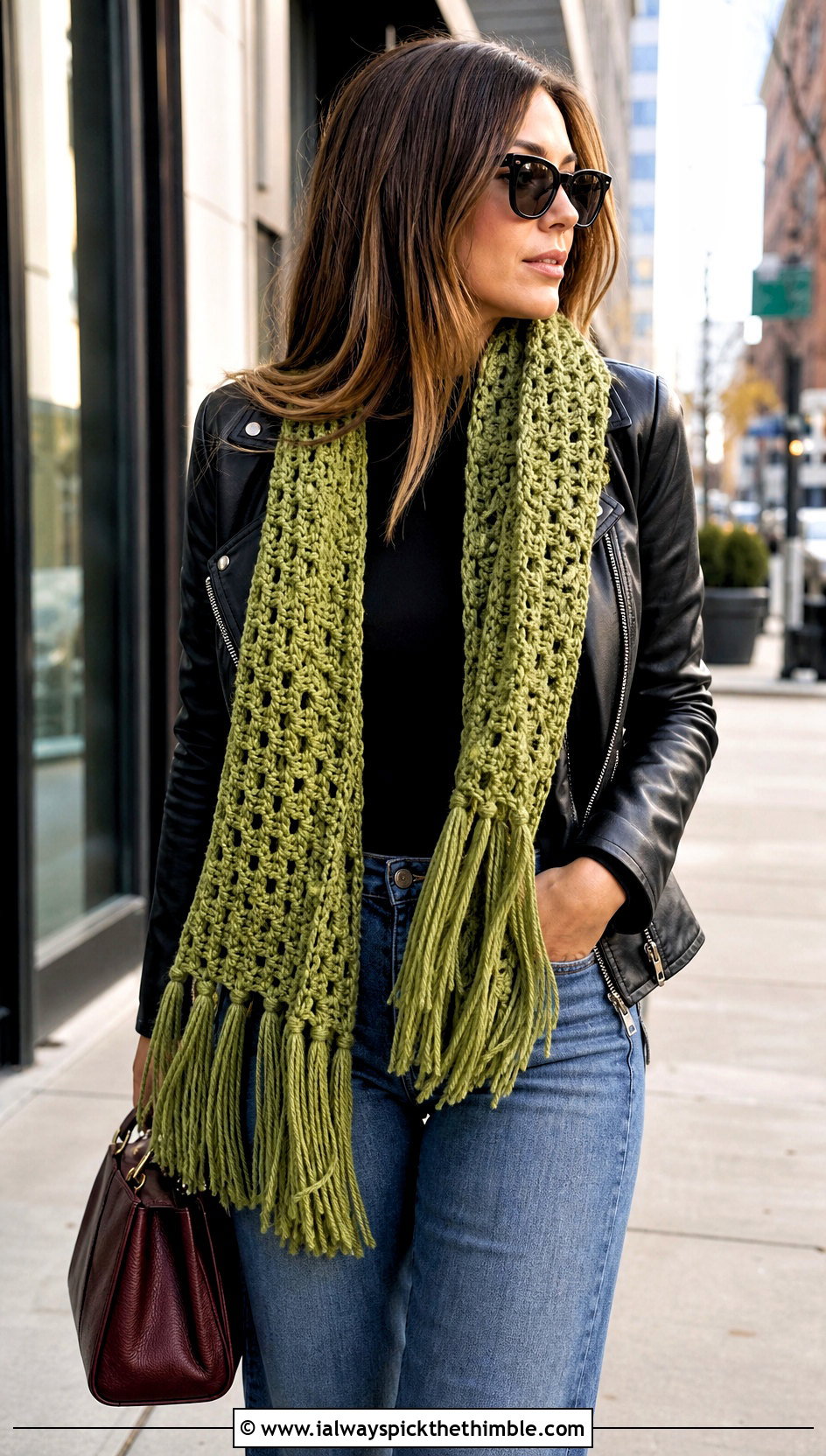 Fringed Crochet Scarf With Leather Jacket - 25 easy crochet scarf outfit ideas