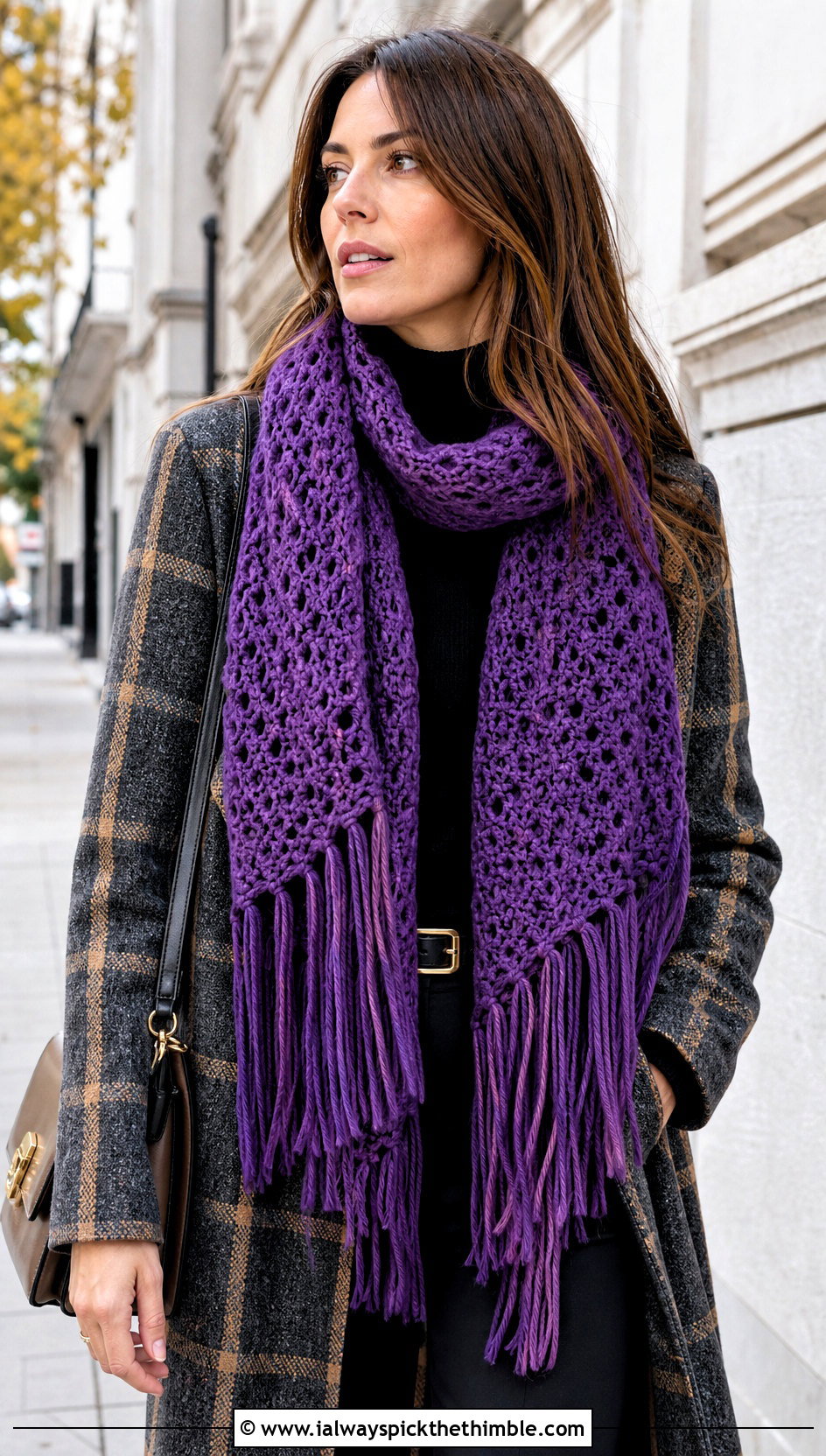 Fringed Crochet Scarf With Plaid Coat - 20 autumn crochet scarf outfit ideas