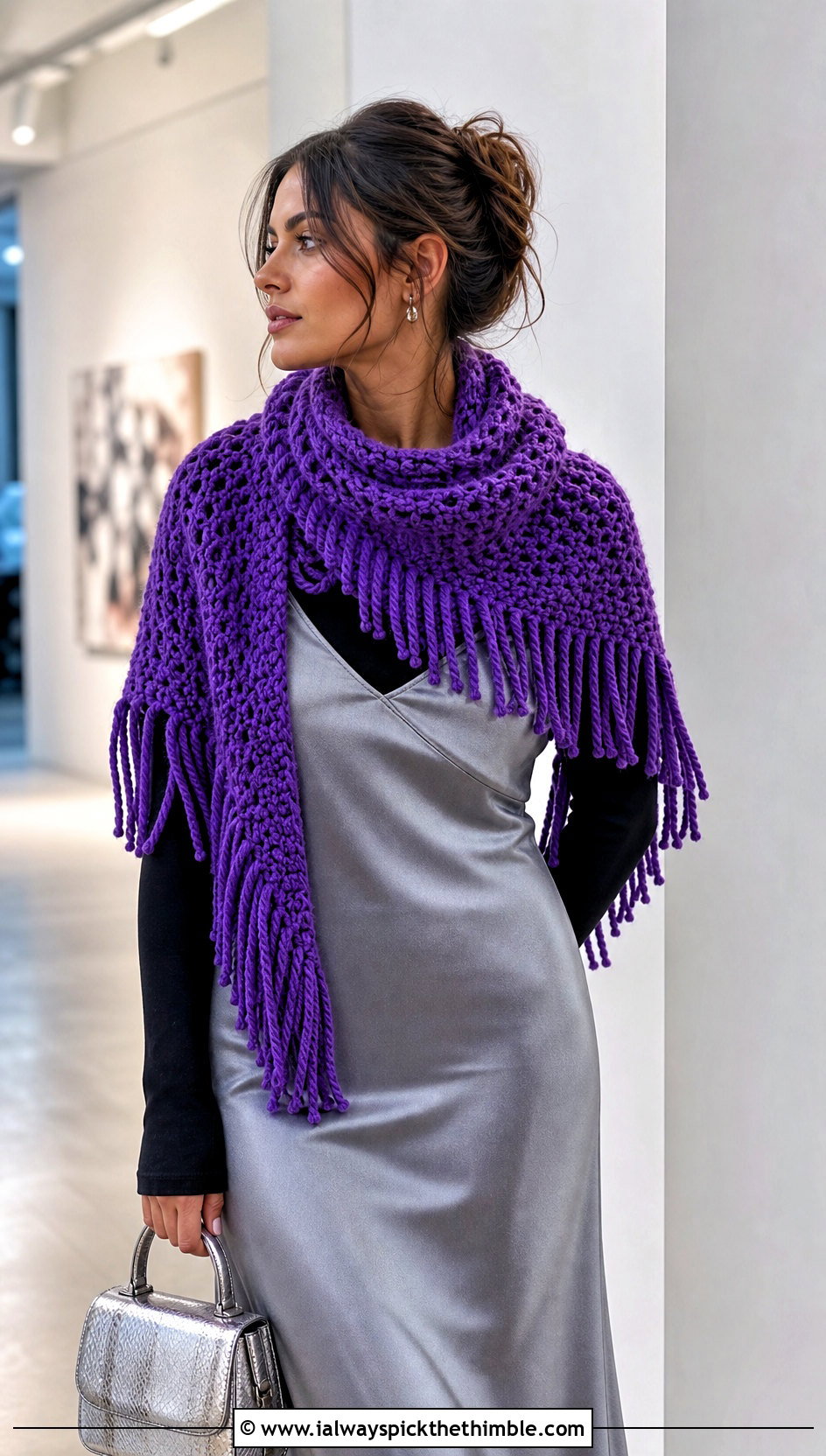 Fringed Crochet Scarf With Satin Slip Dress - 15 Super Bulky Crochet Scarf outfit ideas