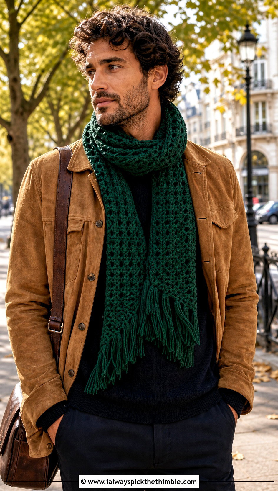 Fringed Crochet Scarf With Suede Jacket - 20 crochet scarf ideas for men