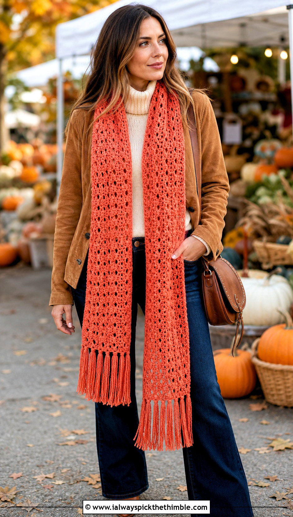Fringed Crochet Scarf With Suede Jacket - 20 Crochet Scarf Worsted Weight Yarn outfit ideas