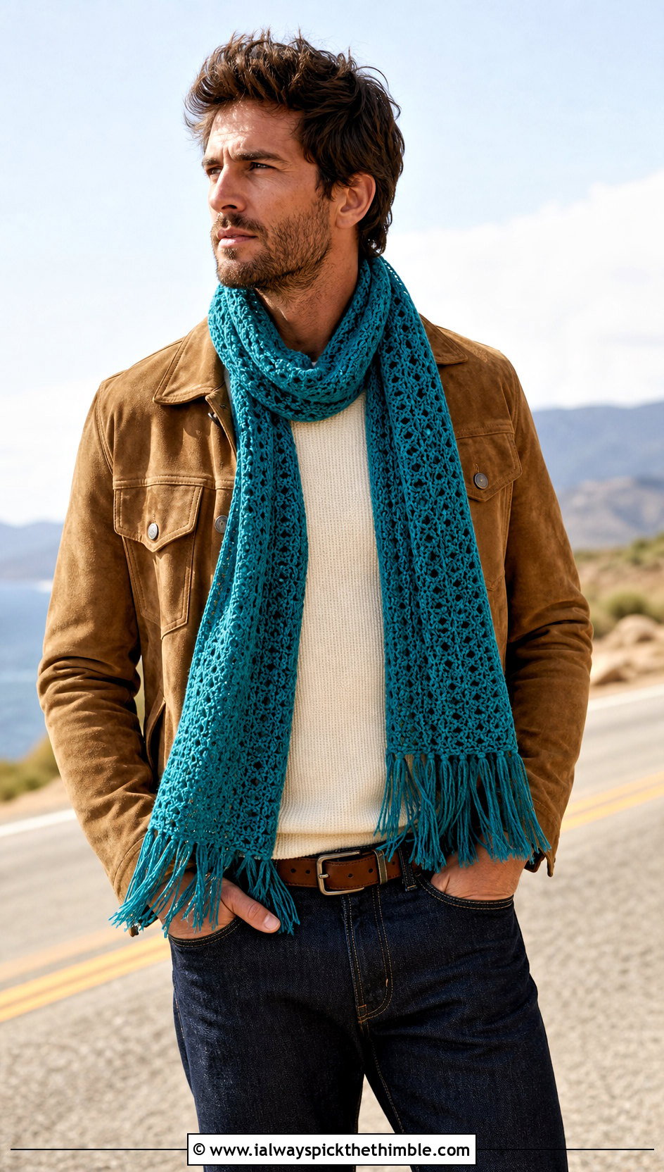 Fringed Crochet Scarf With Suede Jacket - 20 Mens Crochet Scarf outfit ideas