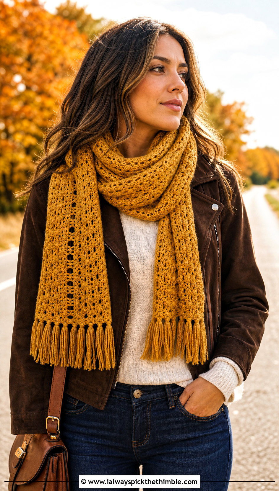 Fringed Crochet Scarf With Suede Jacket - 25 crochet neck scarf outfit ideas