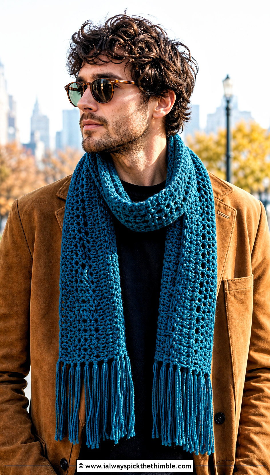 Fringed Crochet Scarf With Suede Jacket - 25 crochet scarf for men outfit ideas