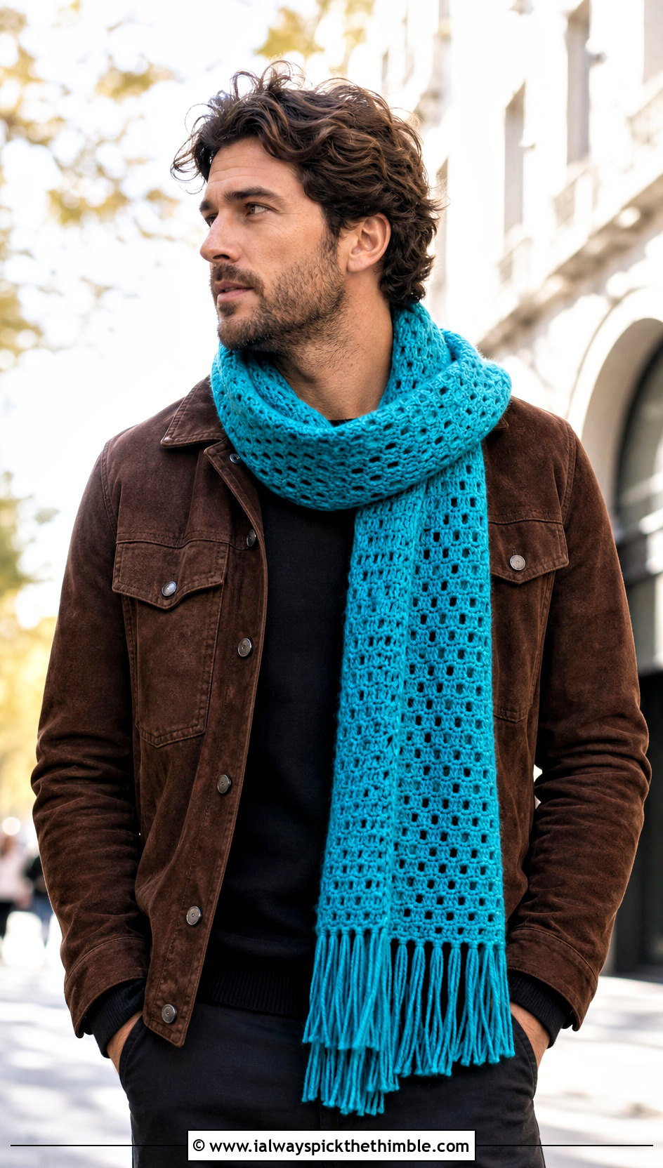 Fringed Crochet Scarf With Suede Jacket - 25 men crochet scarf outfit ideas