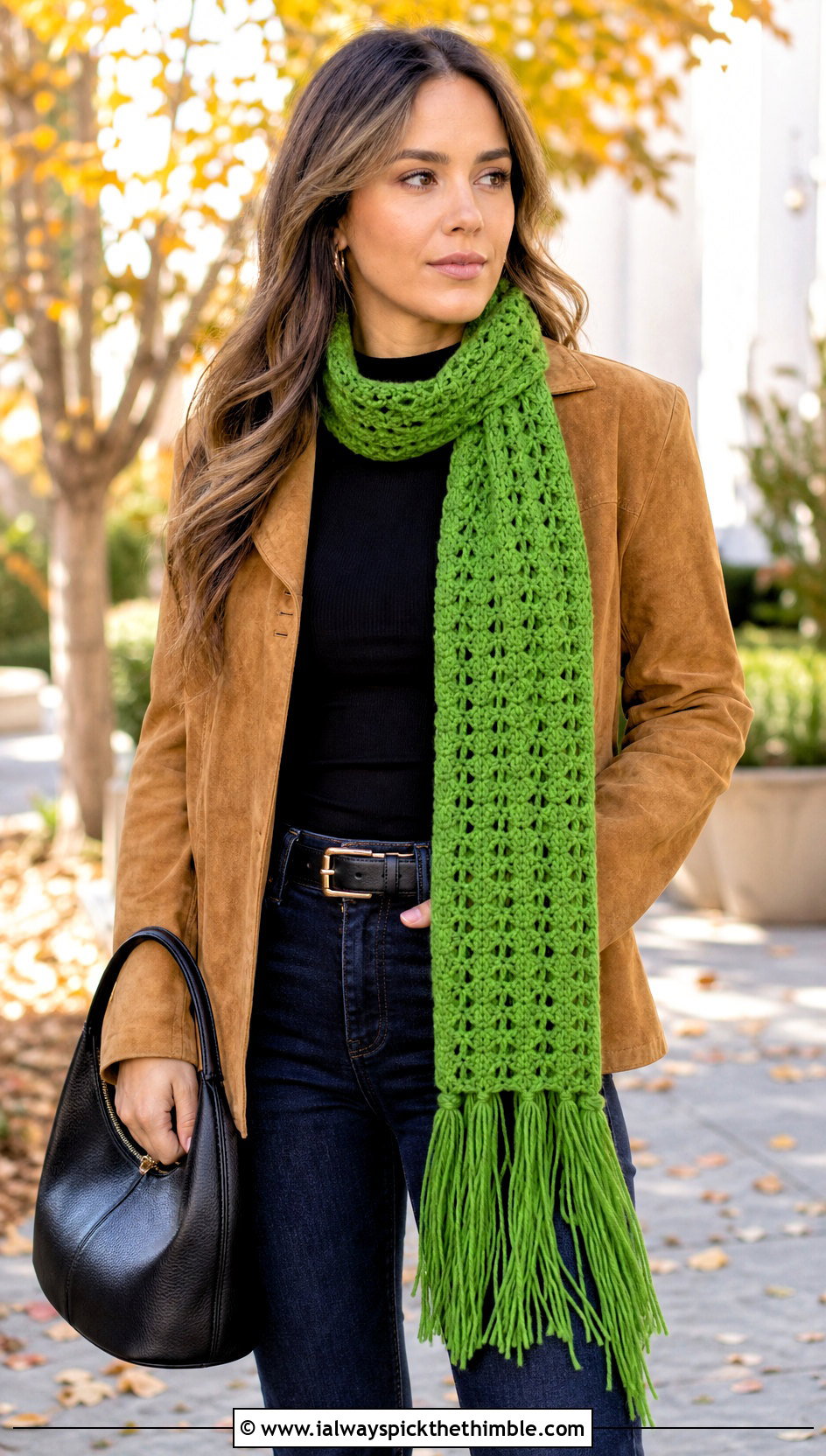 Fringed Crochet Scarf With Suede Jacket And Jeans - 15 Vibrant Crochet Scarf outfit ideas
