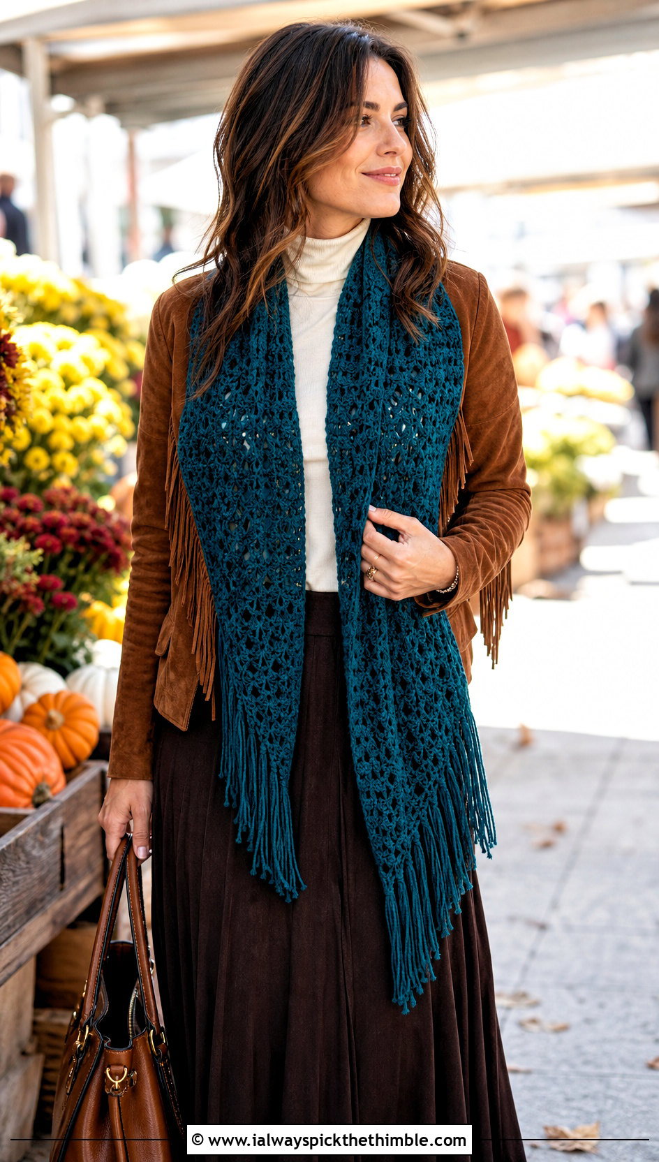 Fringed Crochet Scarf With Suede Jacket And Maxi Skirt - 20 crochet for scarfs outfit ideas