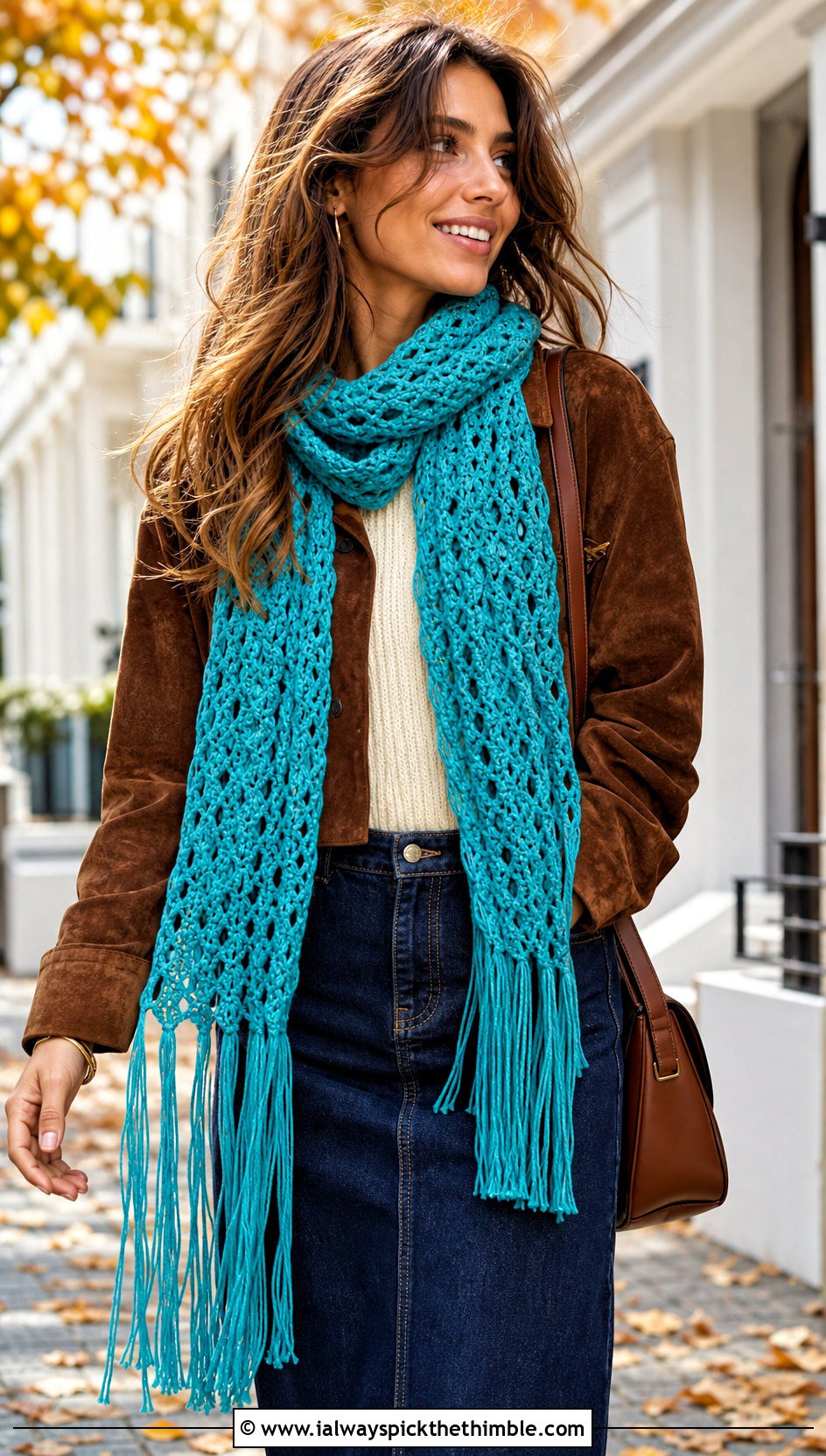 Fringed Crochet Scarf With Suede Jacket - 20 Crochet For Beginners Scarf outfit ideas