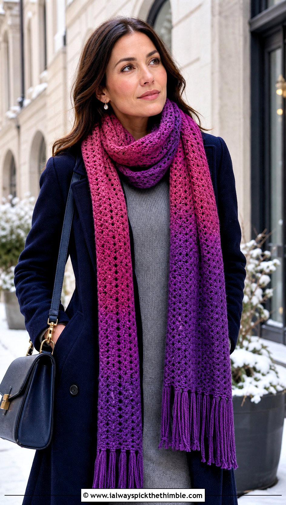 Fringed Crochet Scarf With Sweater Dress - 15 Scheepjes Whirl Crochet Scarf outfit ideas