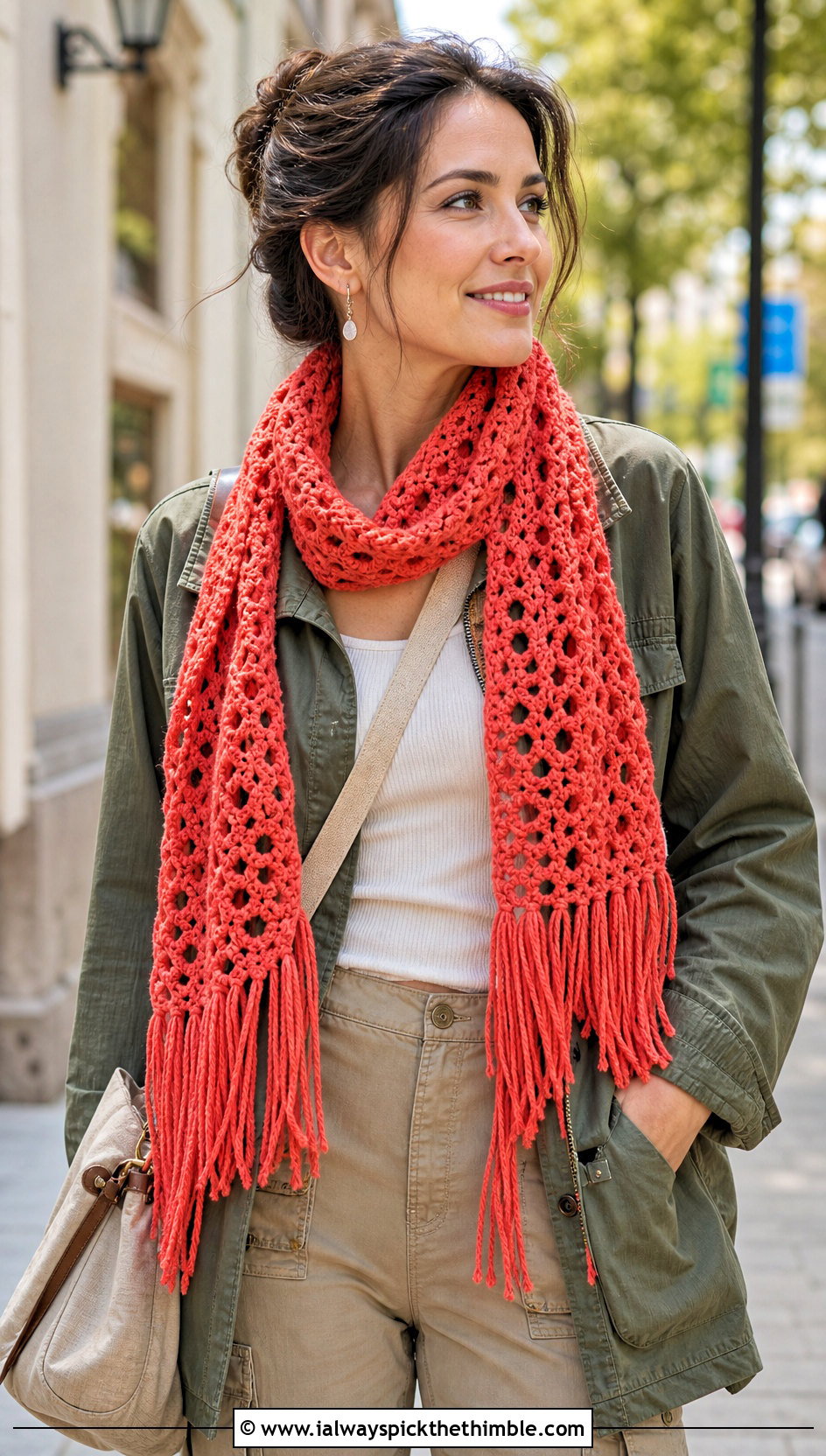 Fringed Crochet Scarf With Utility Jacket - 25 crocheted scarf outfit ideas