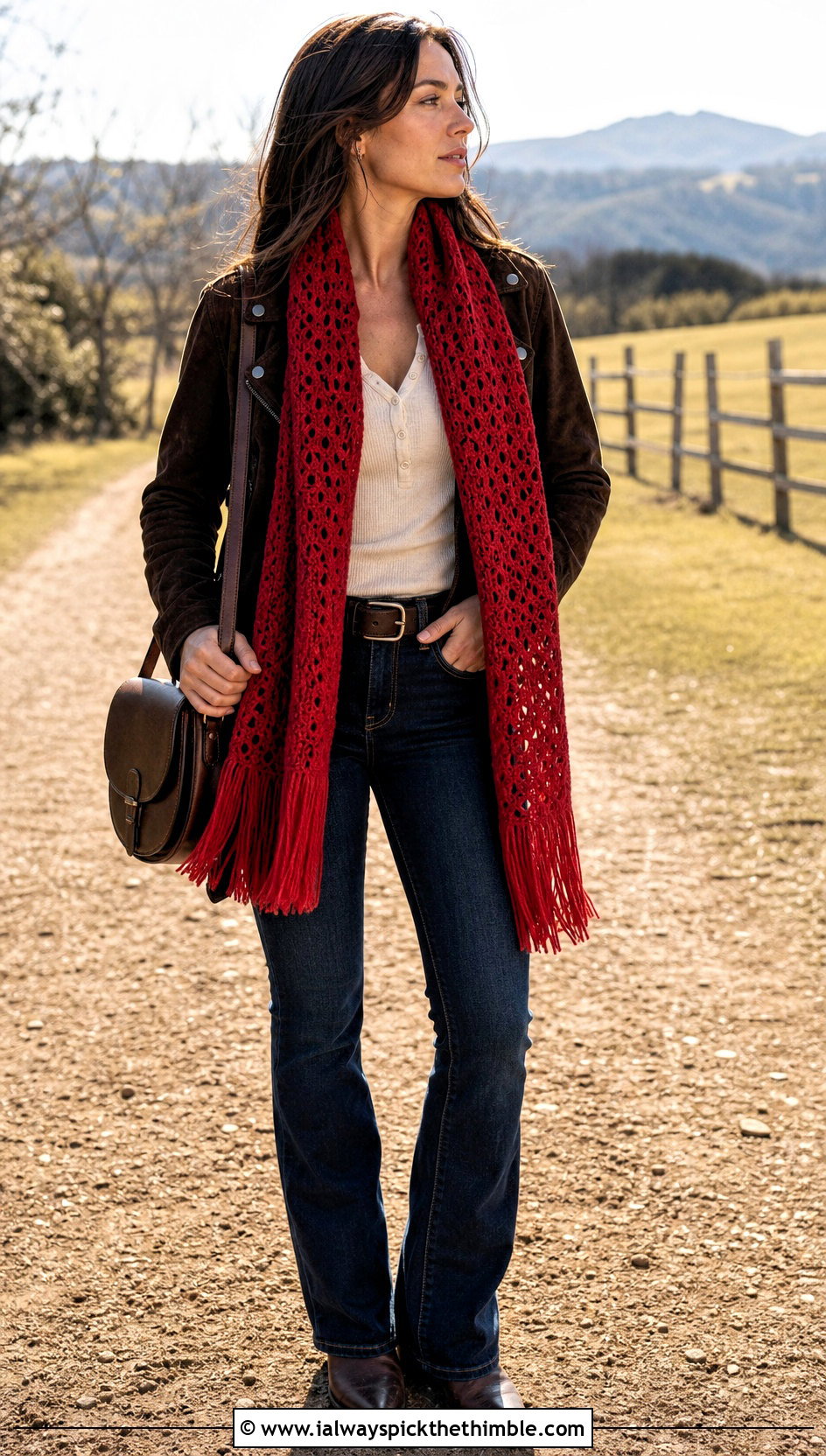Fringed Crochet Scarf With Western Denim Outfit - 25 crochet scarves outfit ideas