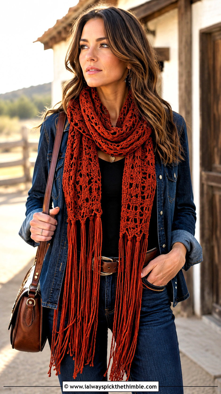 Fringed Crochet Scarf With Western Denim Outfit - 25 easy crochet scarf for beginners outfit ideas