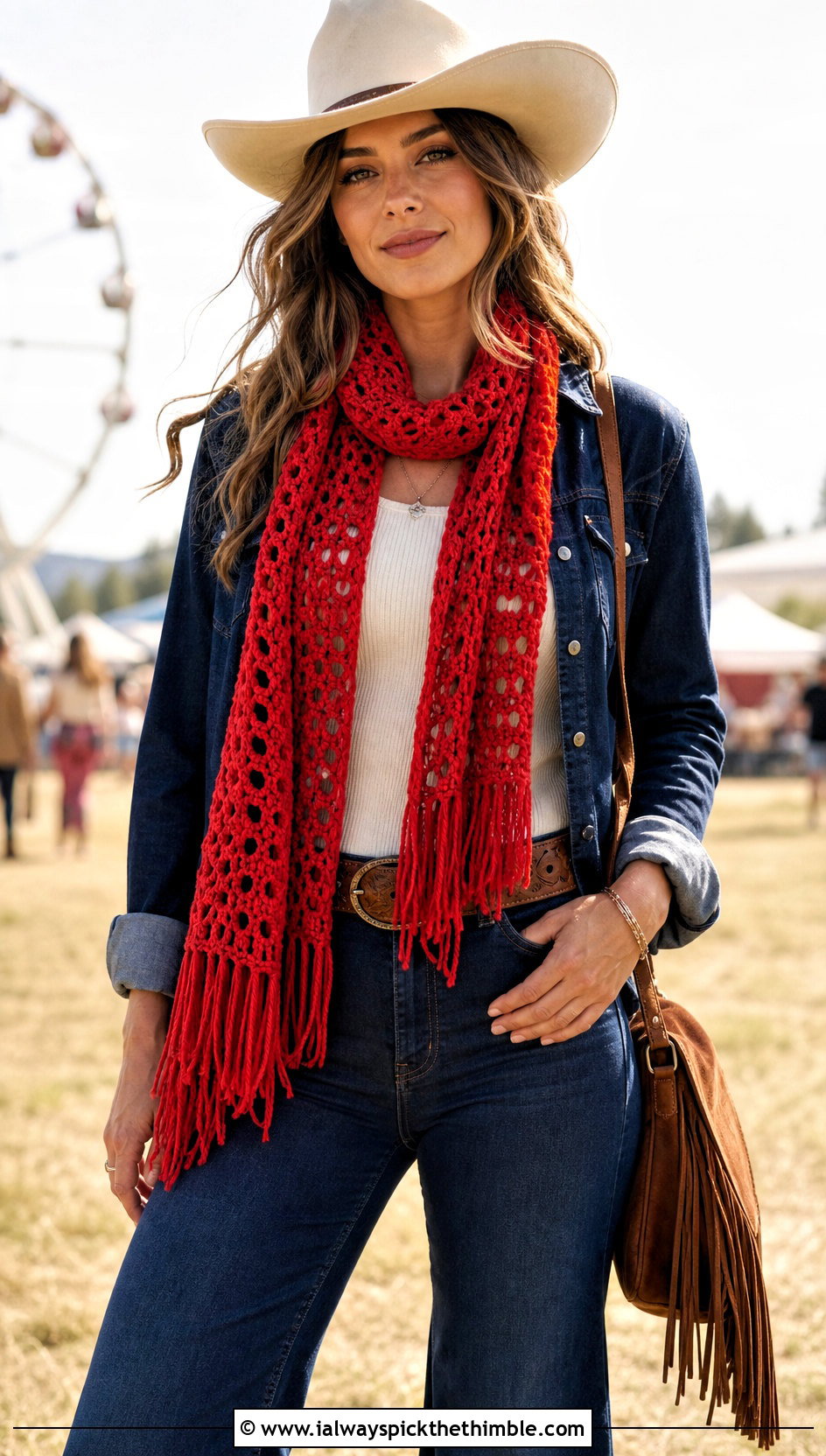Fringed Crochet Scarf With Western Denim Outfit - 20 Beautiful Crochet Scarf outfit ideas