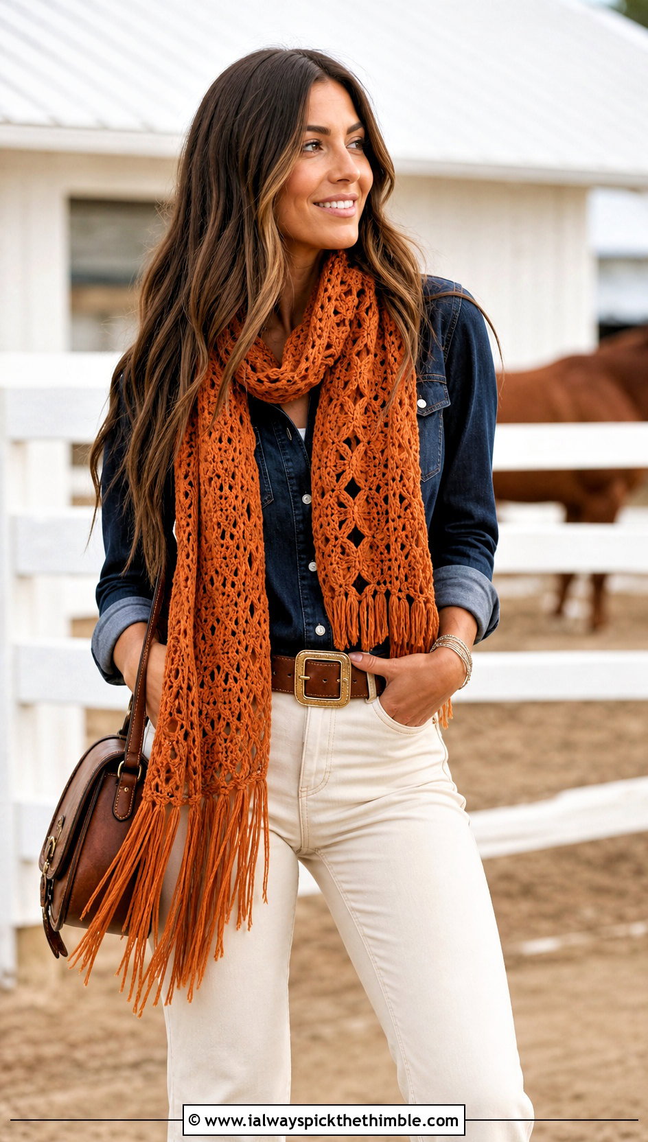 Fringed Crochet Scarf With Western Denim Shirt - 20 Crochet Fun Scarf outfit ideas
