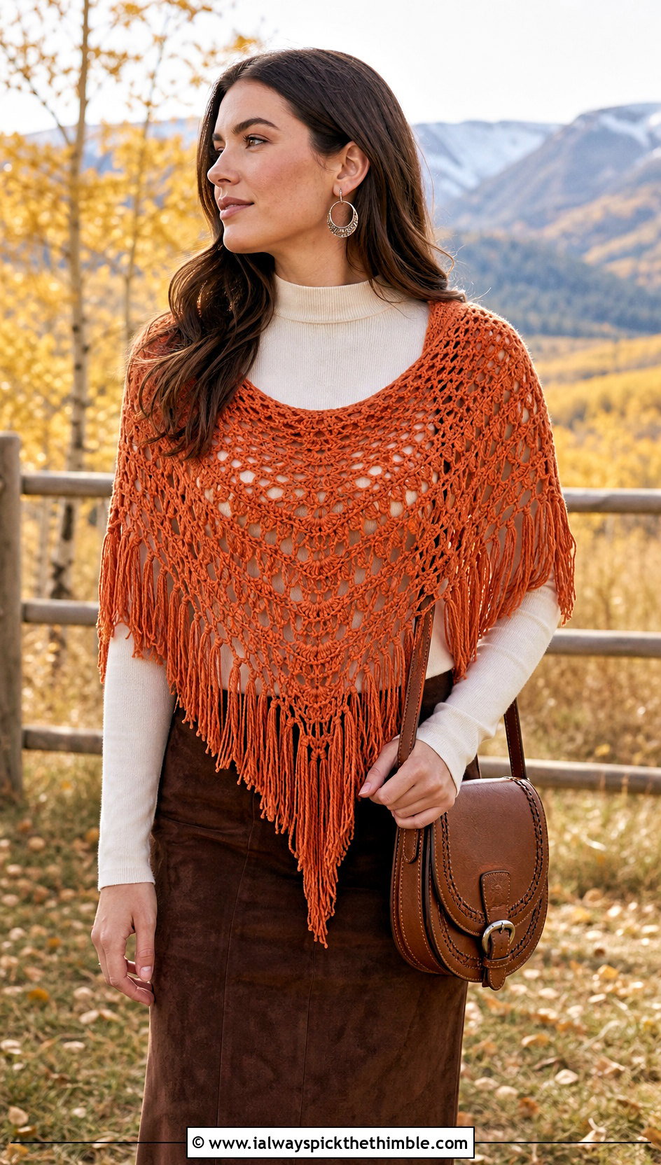 Fringed Crochet Semi Circle Shawl With Suede Skirt - 20 Crochet Semi Circle Shawl outfit ideas