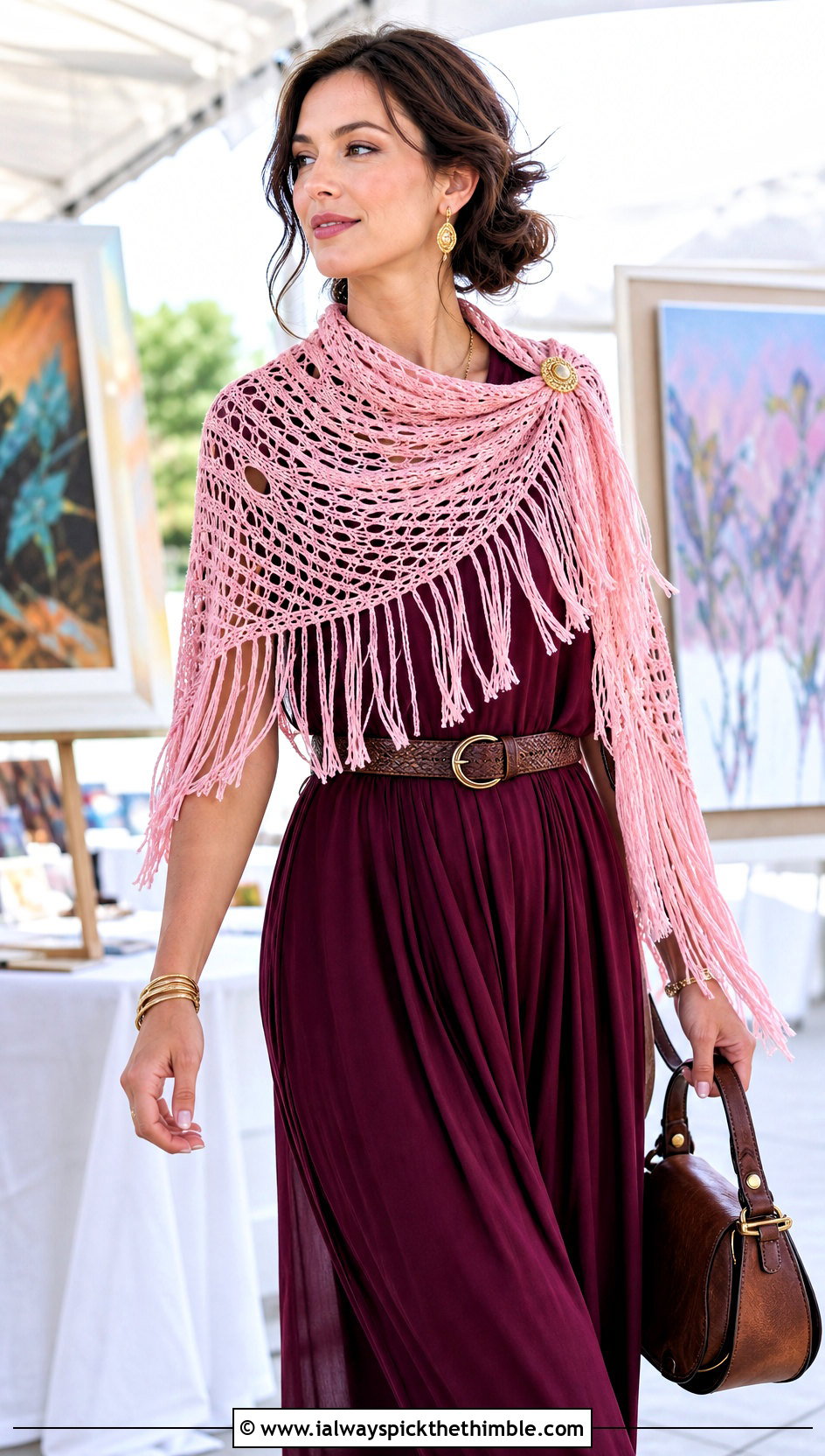 Fringed Crochet Shawl Scarf With Maxi Dress - 20 crochet scarf design ideas