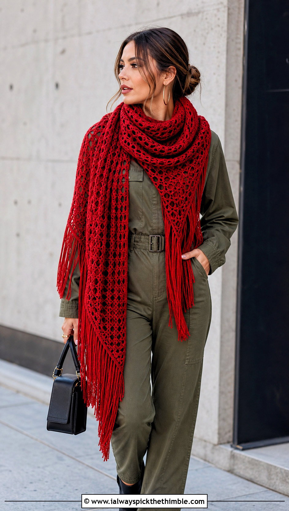 Fringed Crochet Shawl Scarf With Utility Jumpsuit - 20 crochet shawl scarf outfit ideas
