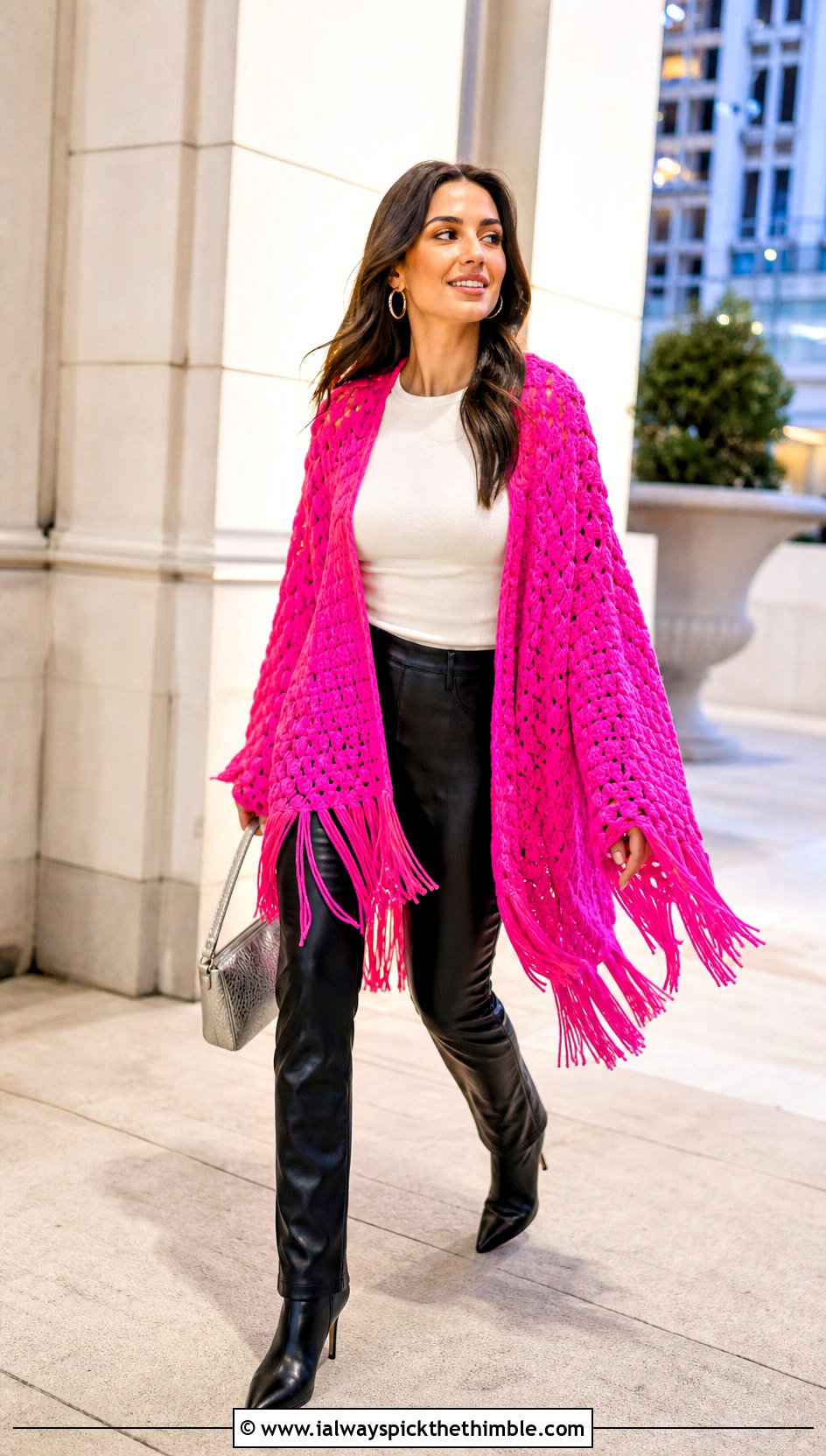 Fringed Crochet Shawl Sweater With Leather Pants - 20 crochet shawl sweater outfit ideas