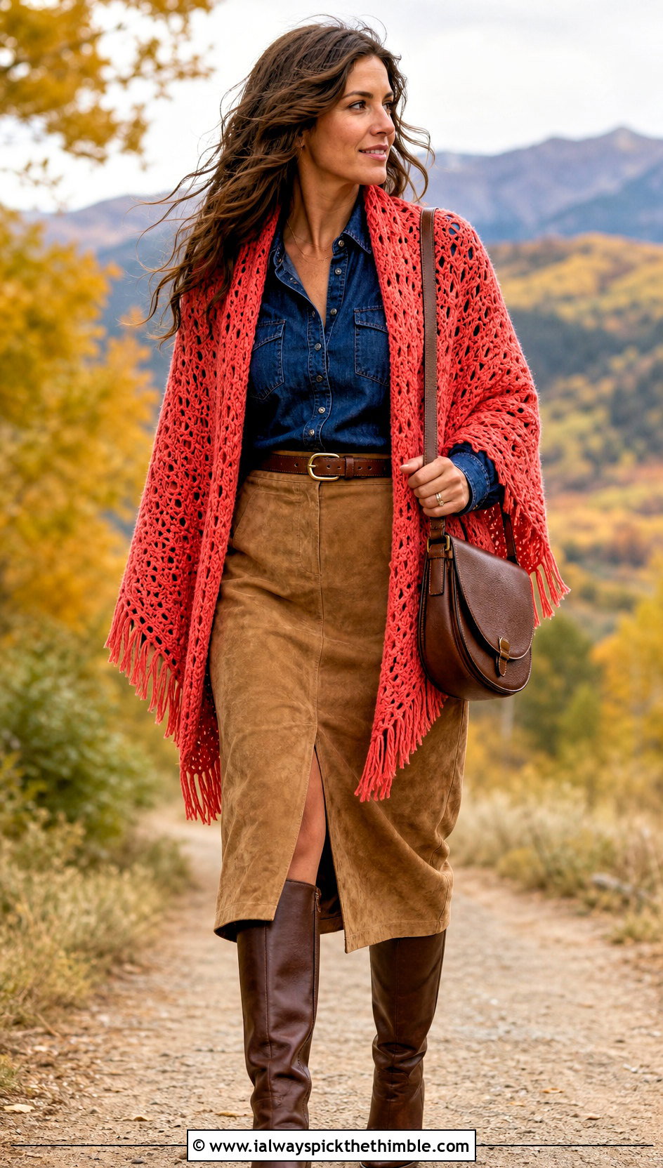 Fringed Crochet Shawl With A Denim Shirt - 20 Fall Crochet Shawl outfit ideas