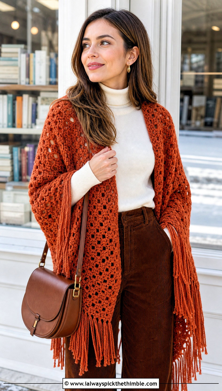 Fringed Crochet Shawl With Corduroy Pants - 20 winter crochet shawl outfit ideas
