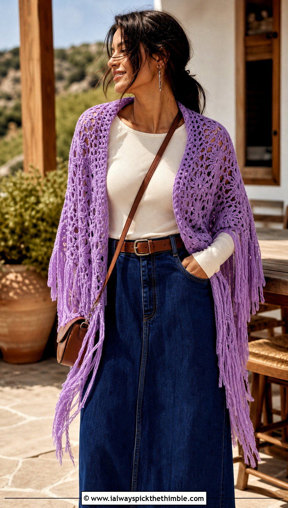 Fringed Crochet Shawl With Denim Maxi Skirt - 25 quick crochet shawl outfit ideas