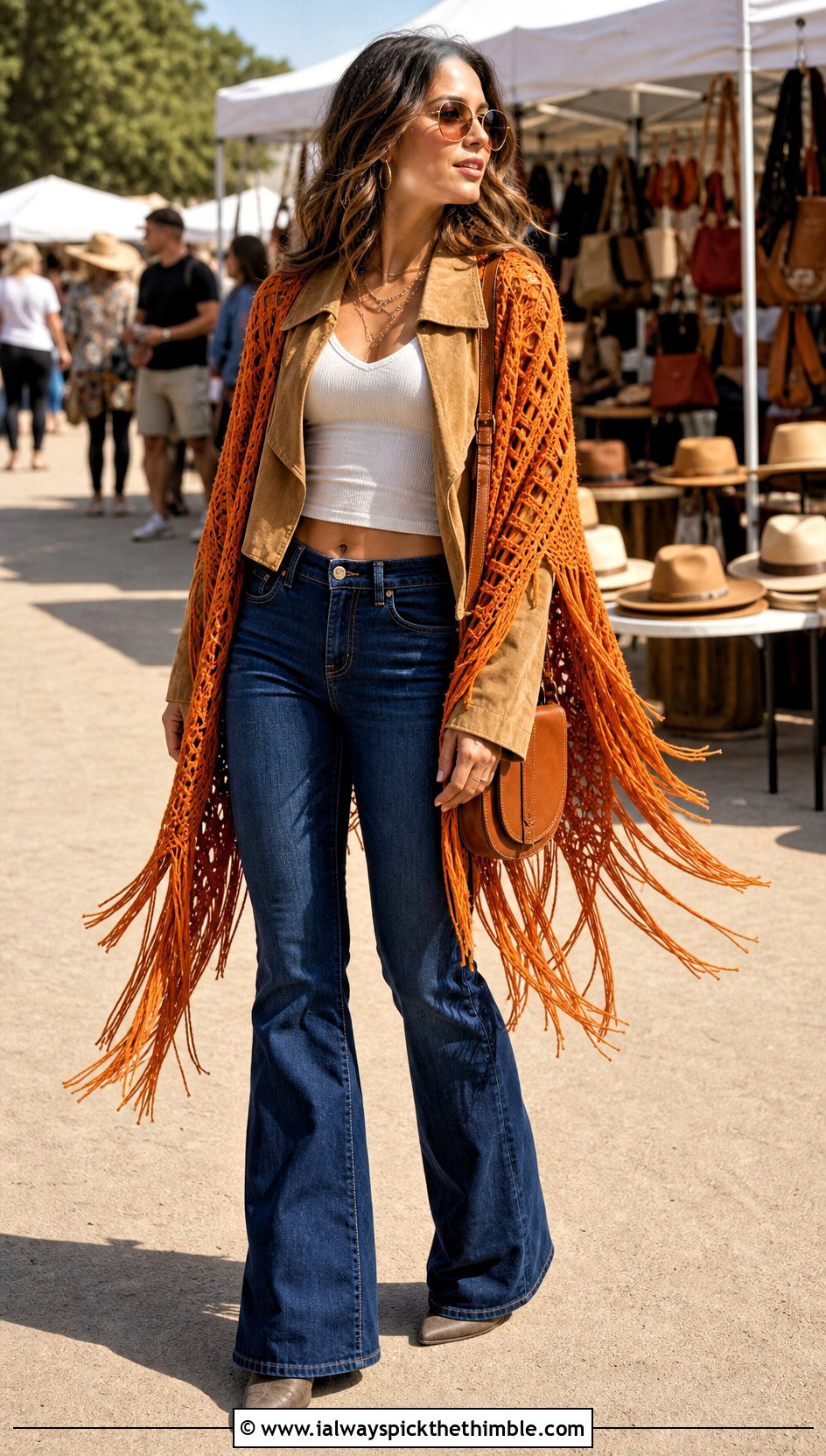Fringed Crochet Shawl With Flare Jeans - 20 Crochet For Shawl outfit ideas