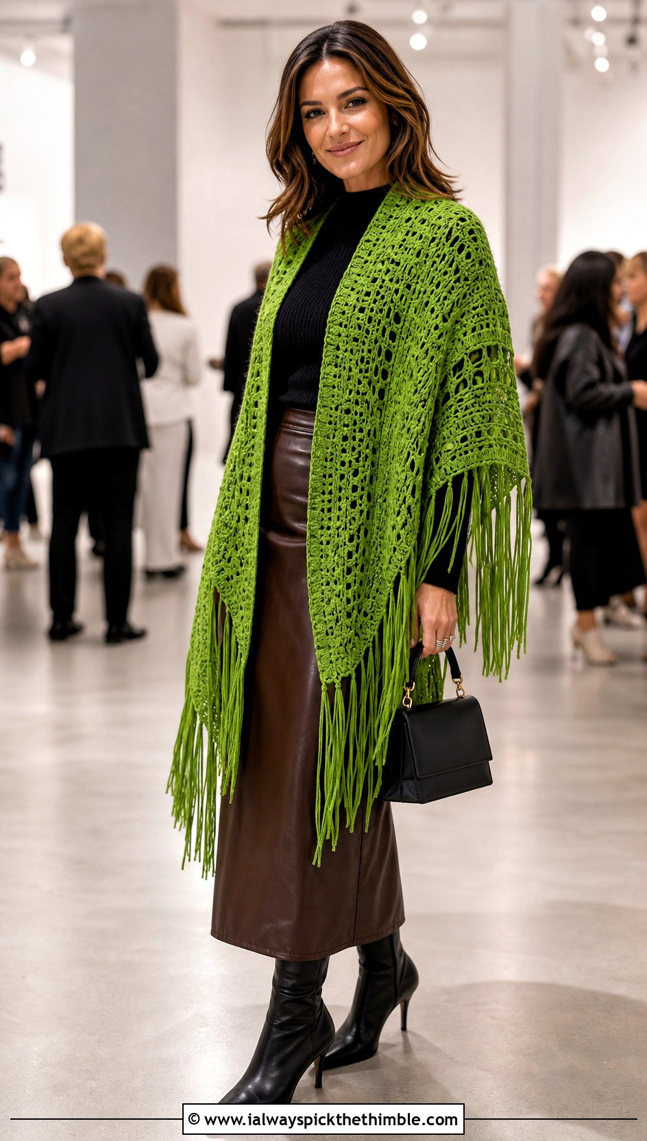 Fringed Crochet Shawl With Leather Midi Skirt - 20 Simple Crochet Shawl outfit ideas
