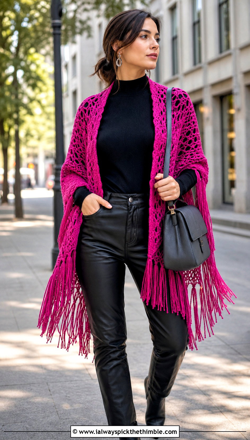 Fringed Crochet Shawl With Leather Pants - 20 Elegant Crochet Shawl outfit ideas