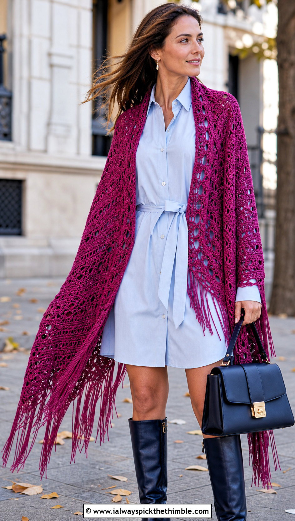 Fringed Crochet Shawl With Shirt Dress - 20 simple crochet shawls and wraps outfit ideas
