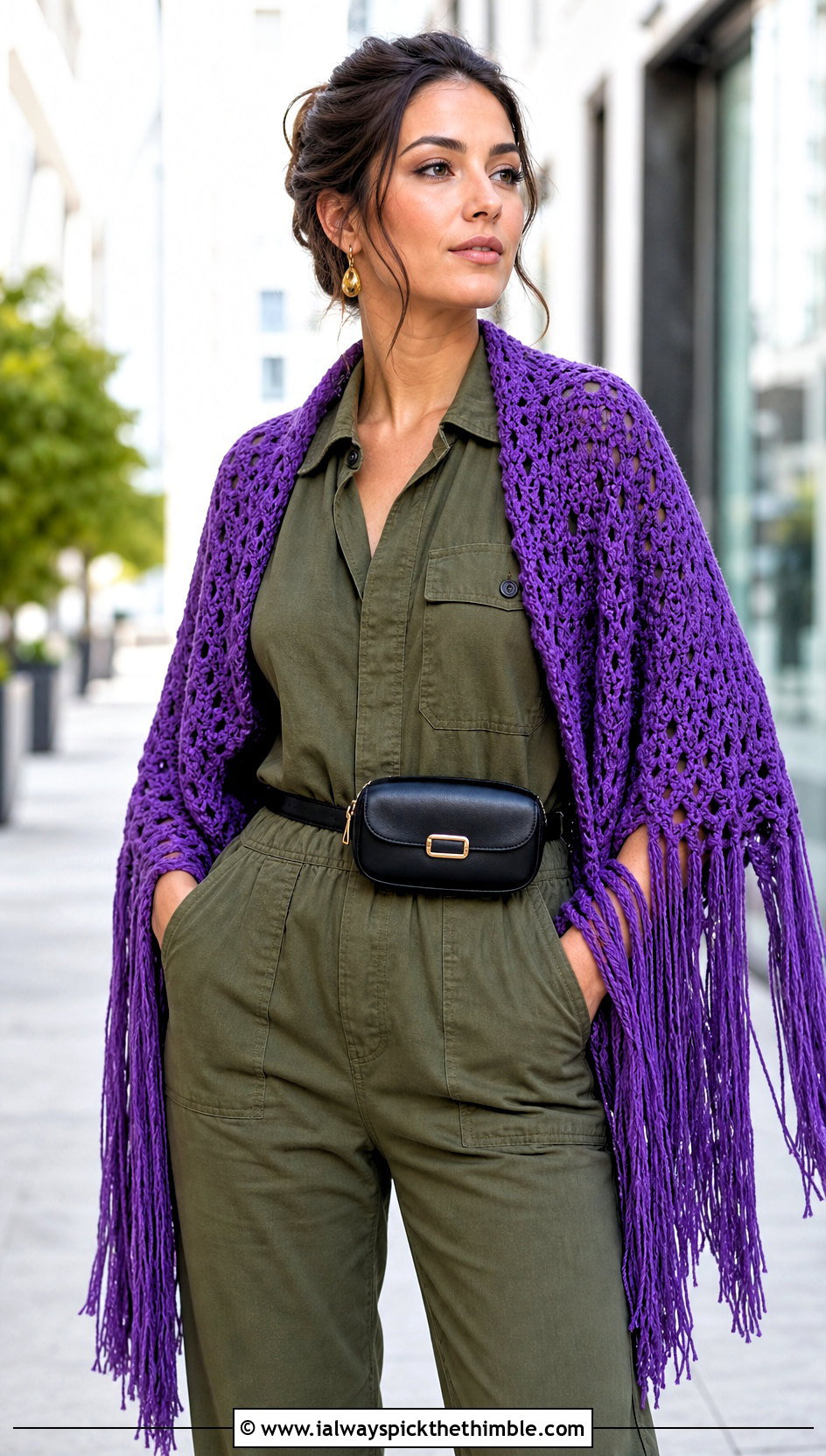 Fringed Crochet Shawl With Utility Jumpsuit - 20 crochet shawl wraps outfit ideas