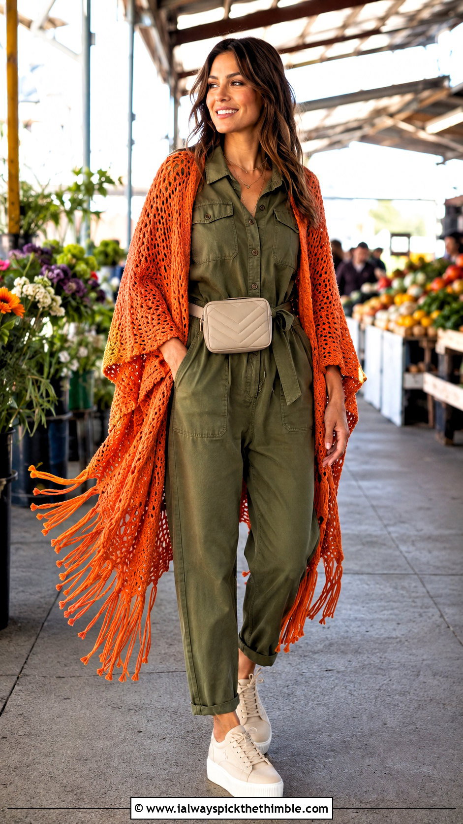 Fringed Crochet Shawl With Utility Jumpsuit - 25 crochet shawls and wraps outfit ideas