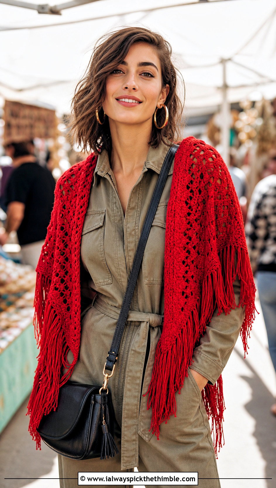 Fringed Crochet Shawl With Utility Jumpsuit - 15 bright crochet shawl outfit ideas