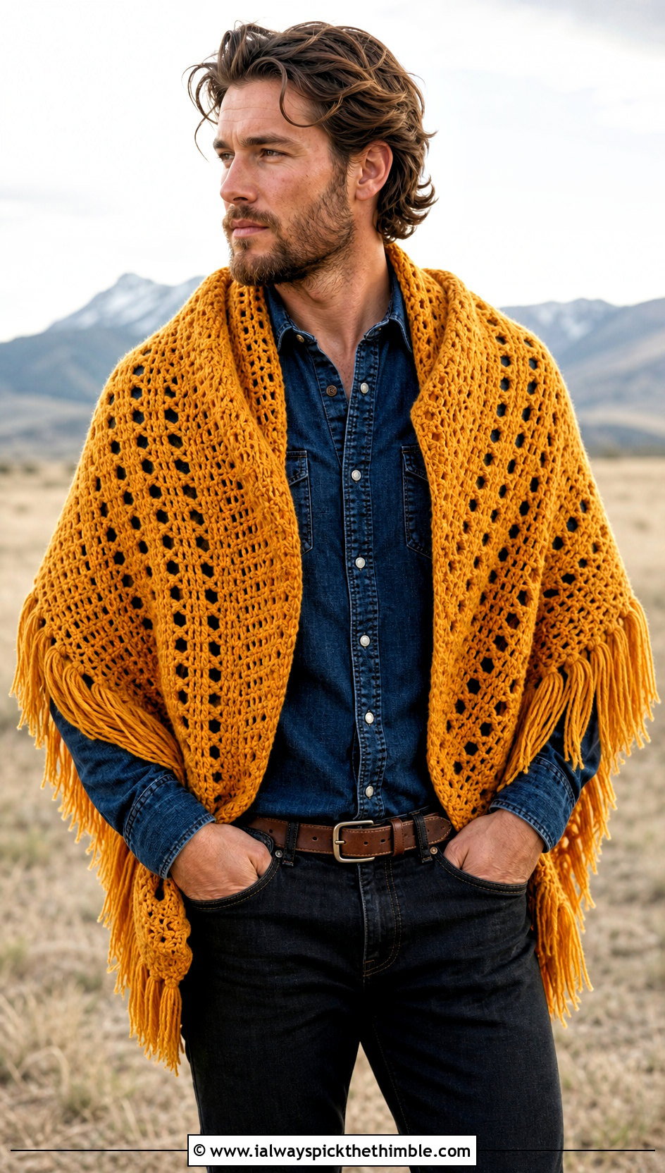 Fringed Crochet Shawl With Western Outfit - 20 crochet shawl for men outfit ideas