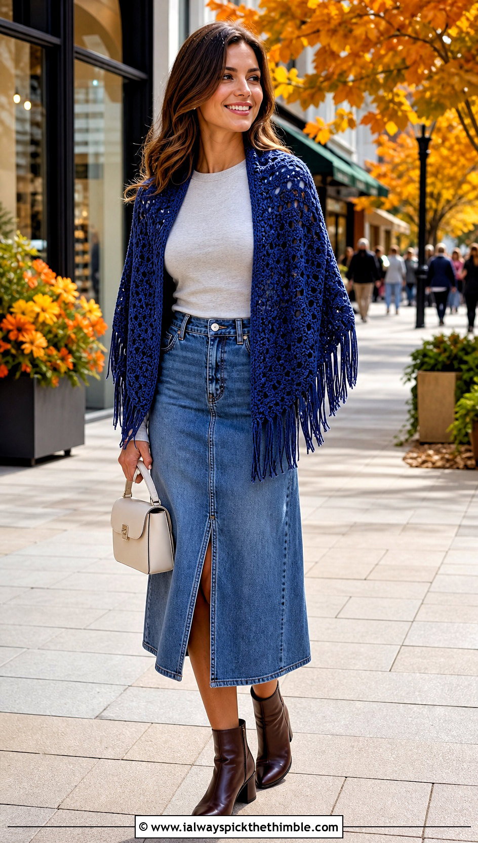 Fringed Crochet Shoulder Shawl With Denim Midi Skirt - 20 Crochet Shoulder Shawl outfit ideas
