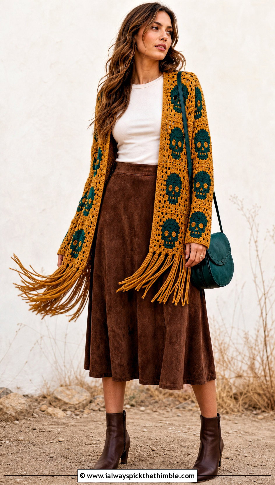 Fringed Crochet Skull Granny Square Cardigan With Suede Midi Skirt - 20 crochet skull granny square cardigan outfit ideas