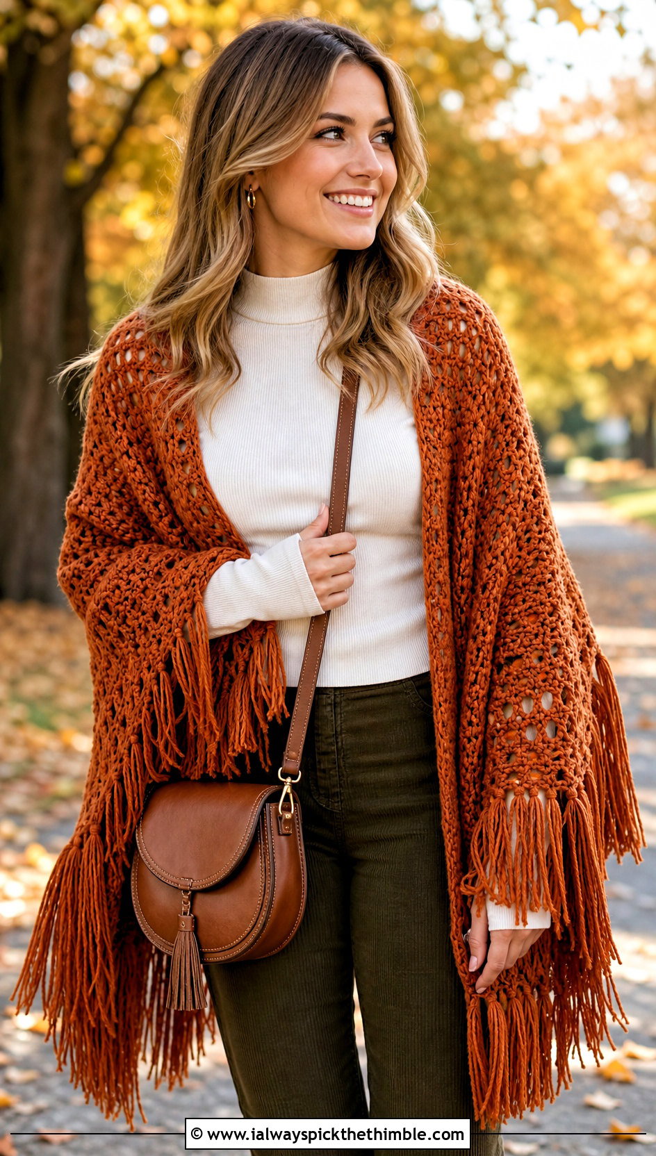 Fringed Crochet Sleeve Scarf With Corduroy Pants - 20 crochet sleeve scarf outfit ideas