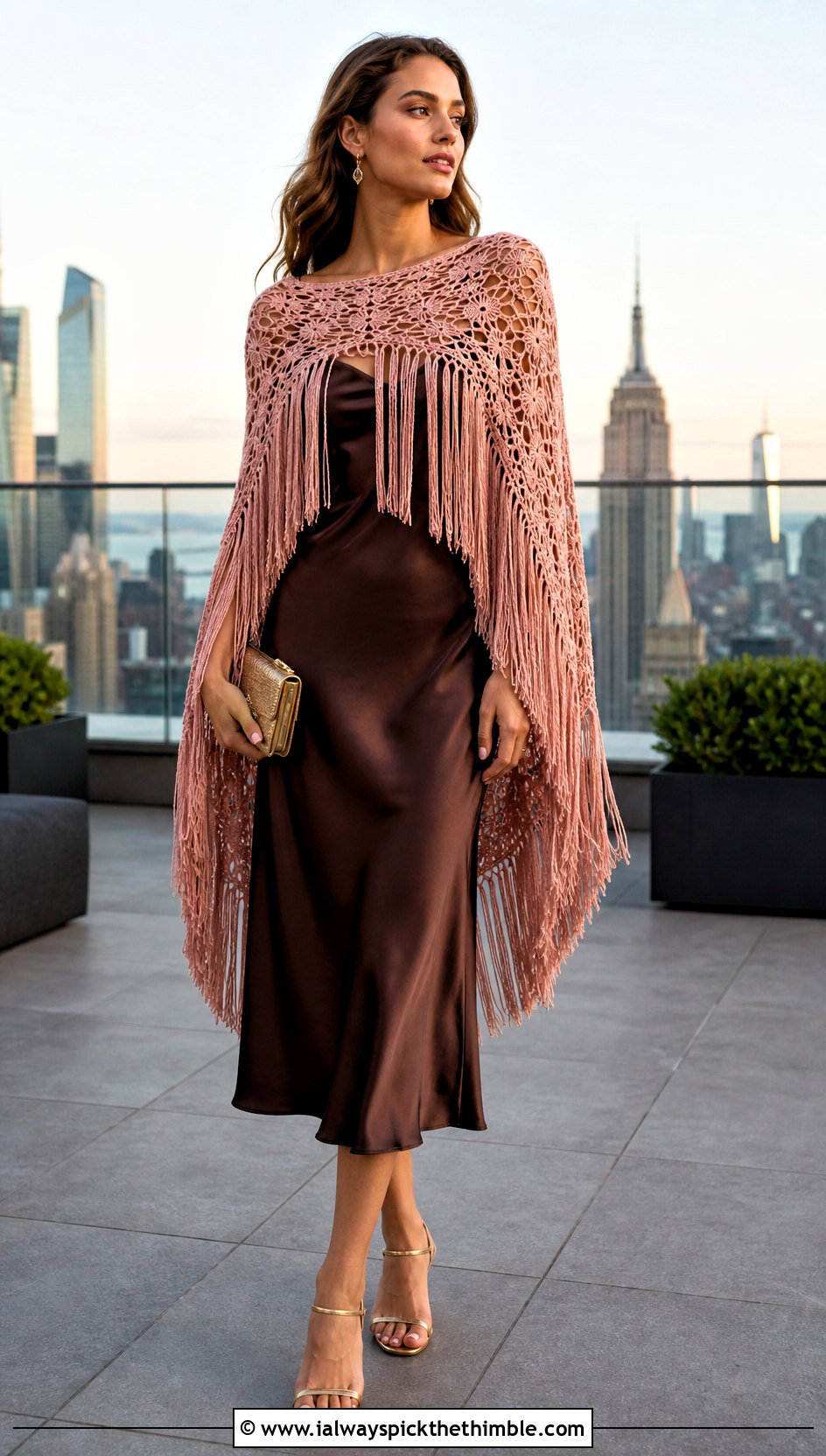 Fringed Crochet Summer Poncho With Slip Dress - 25 crochet summer poncho outfit ideas