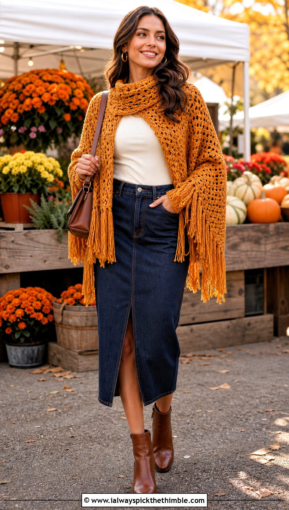 Fringed Crochet Sweater Scarf With Denim Midi Skirt - 20 crochet sweater scarf with sleeves outfit ideas