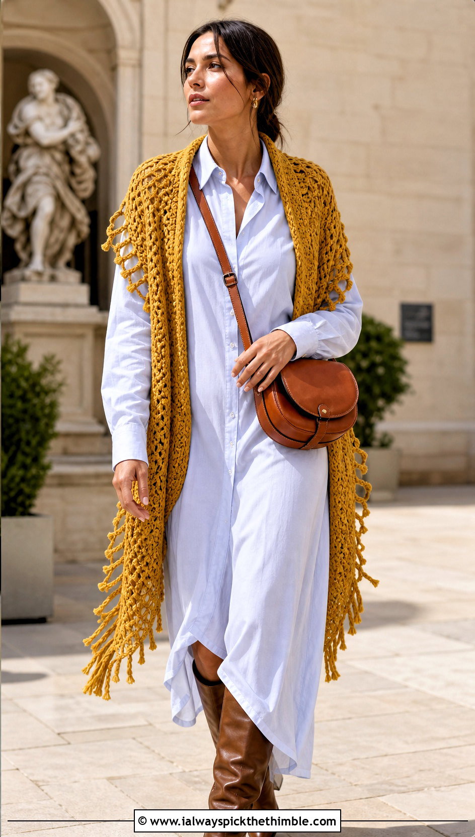 Fringed Crochet Sweater Scarf With Shirt Dress - 25 crochet sweater scarf outfit ideas