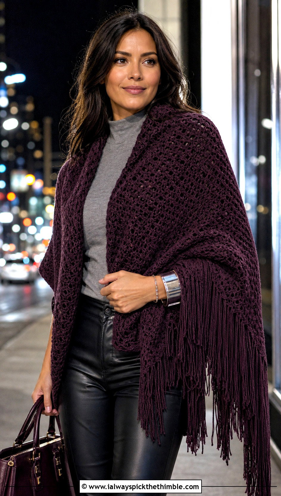 Fringed Crochet Sweater Scarf Wrap With Leather Pants - 20 crochet scarf sweater wrap outfit ideas