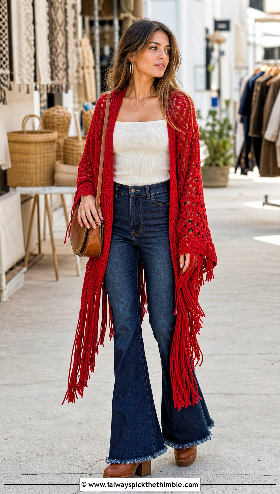Fringed Crochet Sweater Shawl With Flared Jeans - 20 crochet sweater shawl outfit ideas