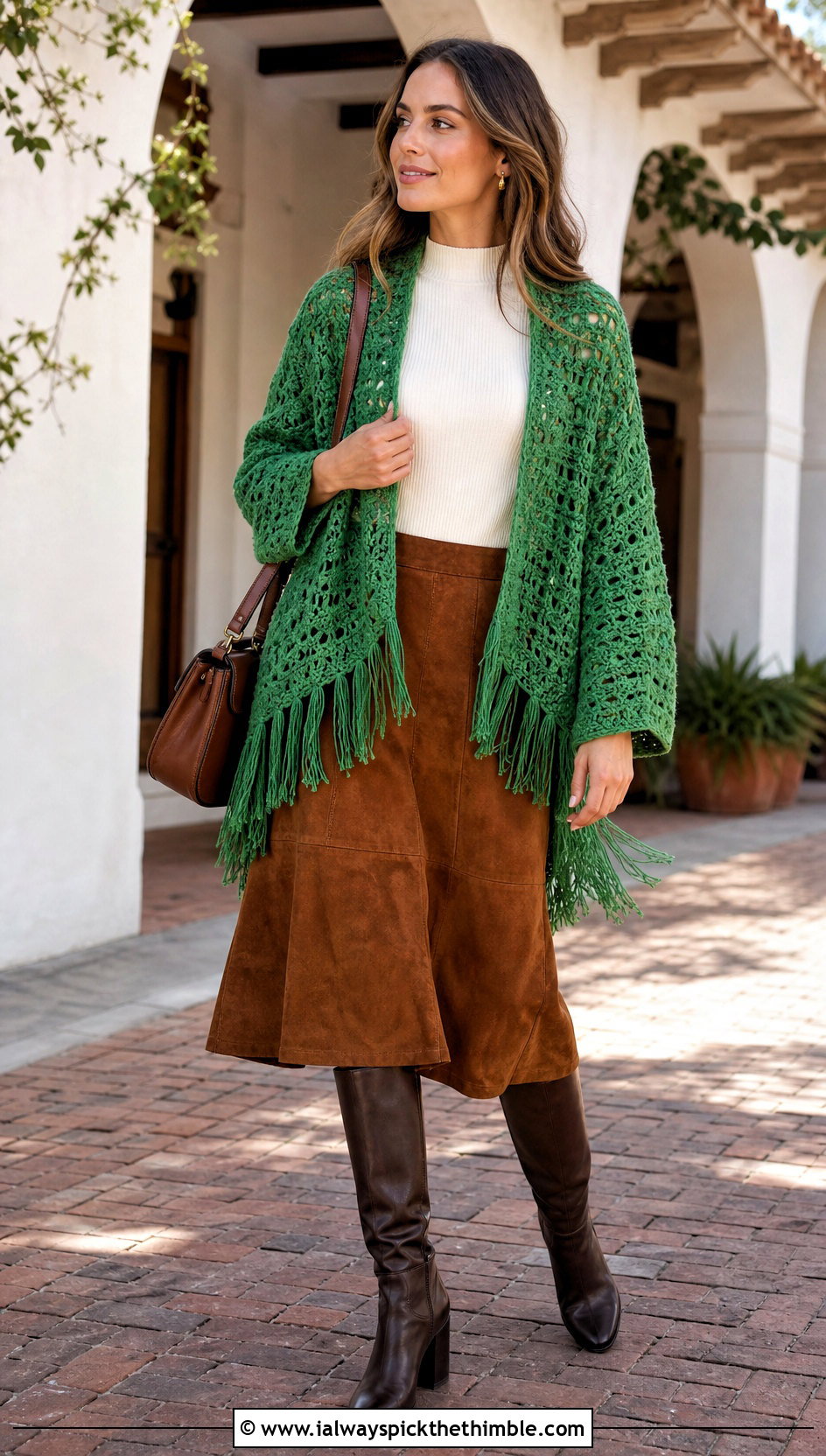 Fringed Crochet Sweater Shrug With Suede Midi Skirt - 20 crochet sweater shrug outfit ideas
