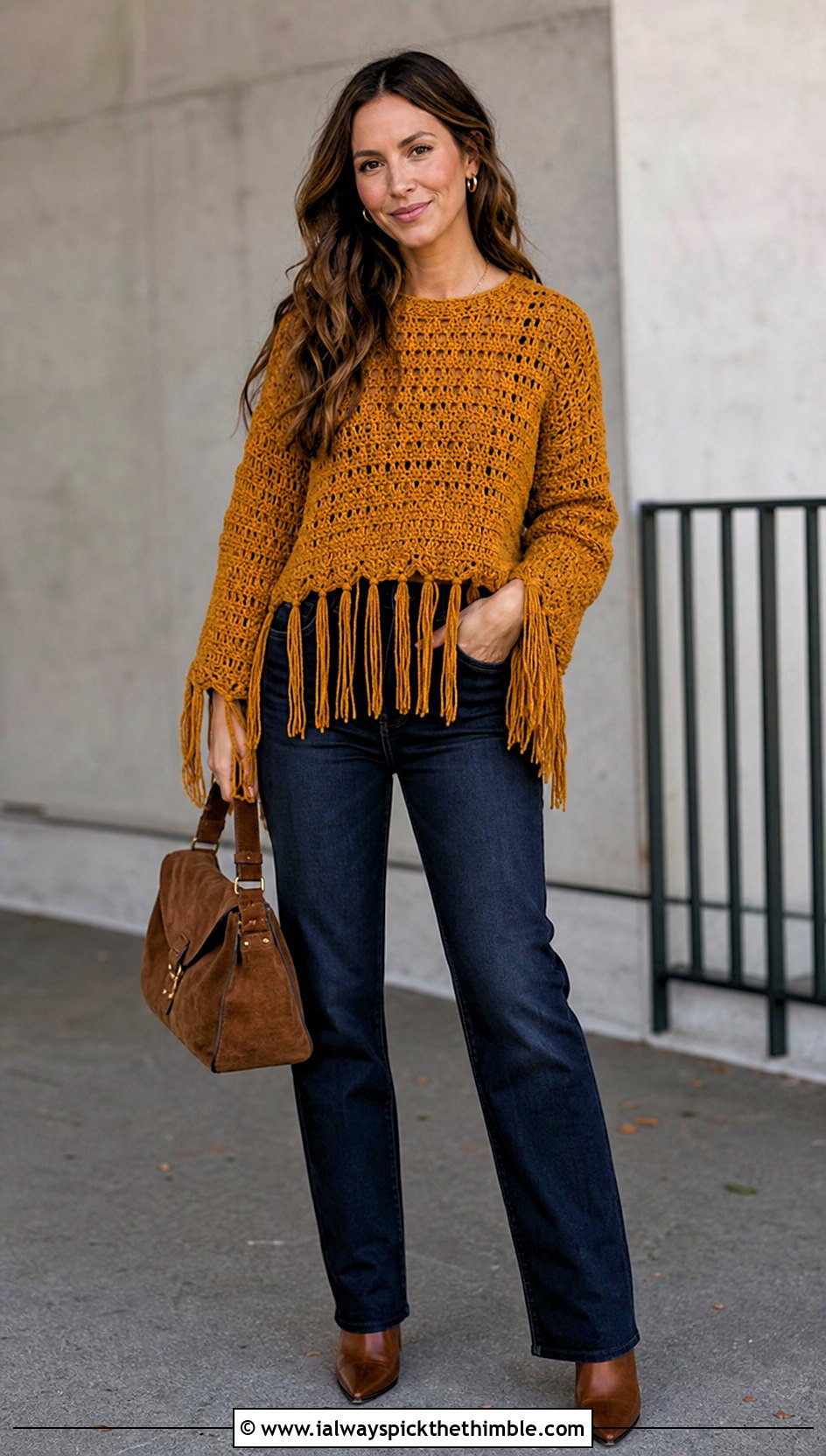 Fringed Crochet Sweater With Straight Leg Jeans - 15 Crochet Sweater 70S outfit ideas