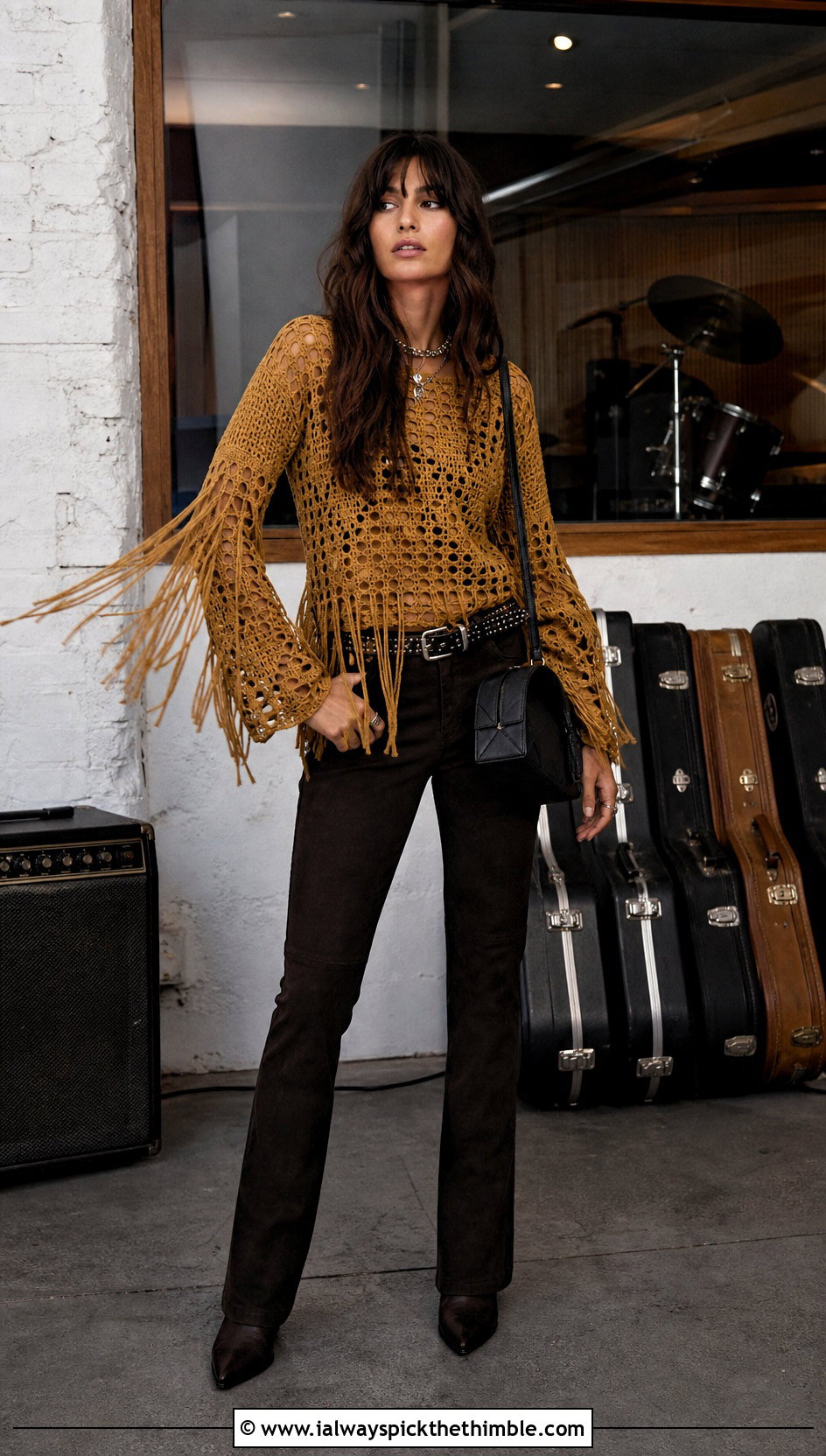 Fringed Crochet Top With Suede Pants - 25 grunge crochet top outfit ideas